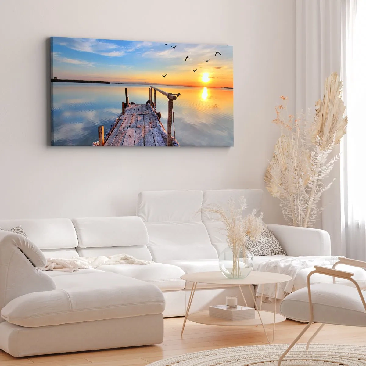 Cuadro sobre lienzo - Impresión de Imagen - Muelle de madera al atardecer en un lago tranquilo - 160x50cm - Caminando hacia el sol - Decoración de pared moderna para salón y dormitorio ARTTOR