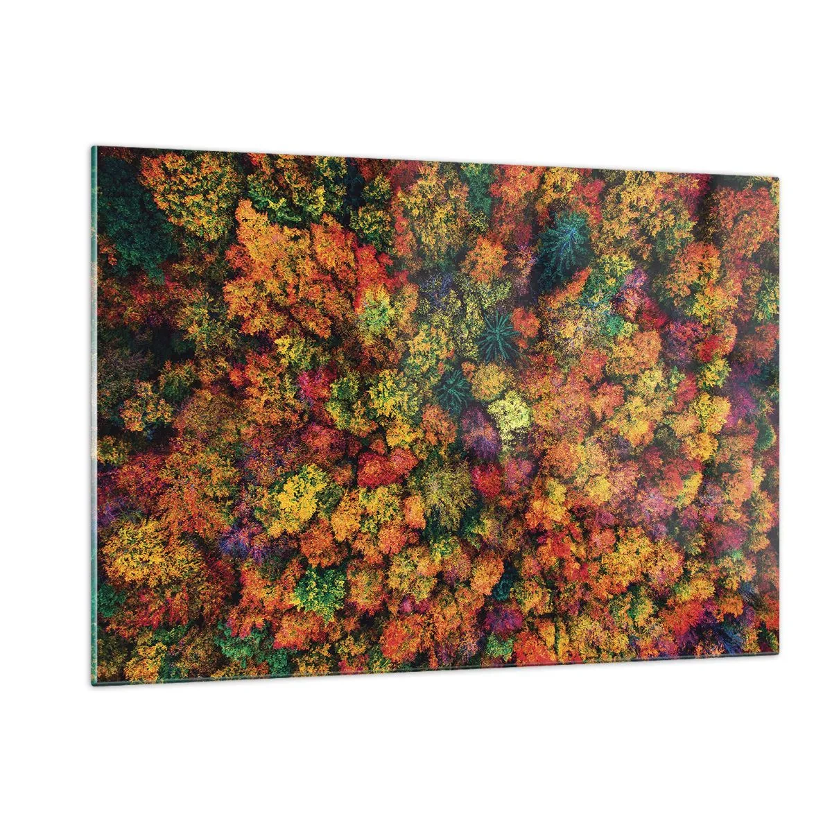Cuadro sobre vidrio - Impresiones sobre Vidrio - Una vista de pájaro de un bosque en pleno otoño, lleno de árboles coloridos. - 120x80cm - Un ramo de árboles otoñales - Decoración de pared moderna para salón y dormitorio ARTTOR