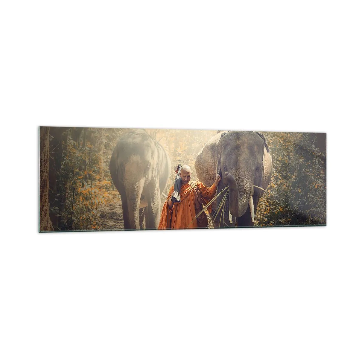 Cuadro sobre vidrio - Impresiones sobre Vidrio - Un monje con una túnica naranja guía un elefante en el bosque. - 160x50cm - Comprensión total - Decoración de pared moderna para salón y dormitorio ARTTOR