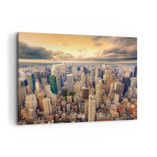 Cuadro sobre lienzo - Impresión de Imagen - Panorama de la ciudad con vistas a los rascacielos al atardecer - 120x80cm - Metrópolis dorada - Decoración de pared moderna para salón y dormitorio ARTTOR