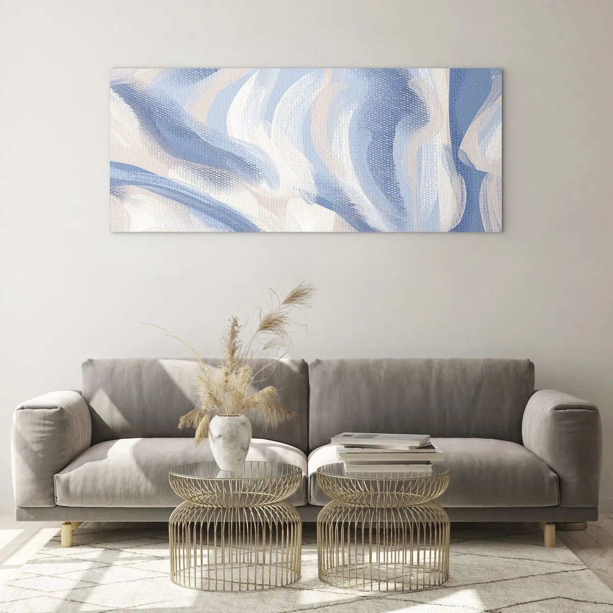 Cuadro sobre vidrio - Impresiones sobre Vidrio - Pinceladas abstractas en tonos azules y beige - 160x50cm - Ondas azules - Decoración de pared moderna para salón y dormitorio ARTTOR