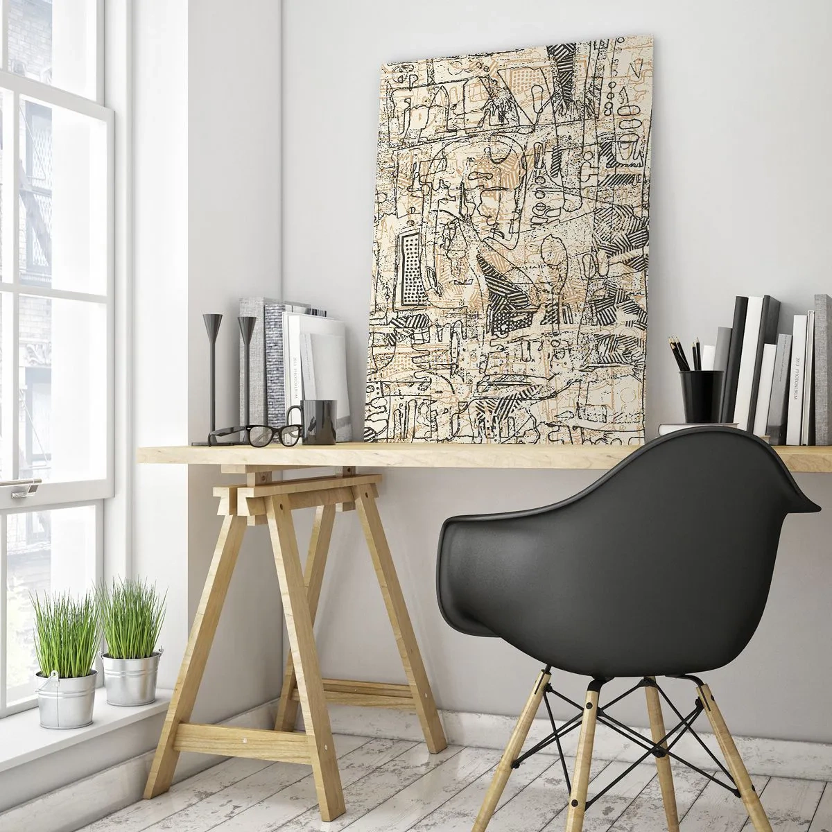 Cuadro sobre vidrio - Impresiones sobre Vidrio - Patrones y líneas abstractas sobre un fondo beige - 80x120cm - A la espera de ser descifrado - Decoración de pared moderna para salón y dormitorio ARTTOR