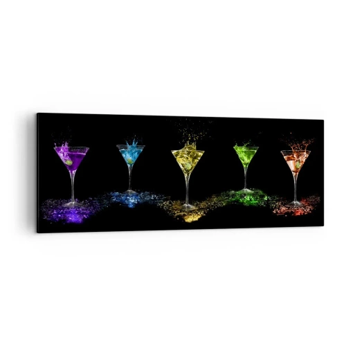 Cuadro sobre lienzo - Impresión de Imagen - Cócteles coloridos en vasos sobre un fondo negro - 140x50cm - Los colores de la alegría en una copa de cristal - Decoración de pared moderna para salón y dormitorio ARTTOR