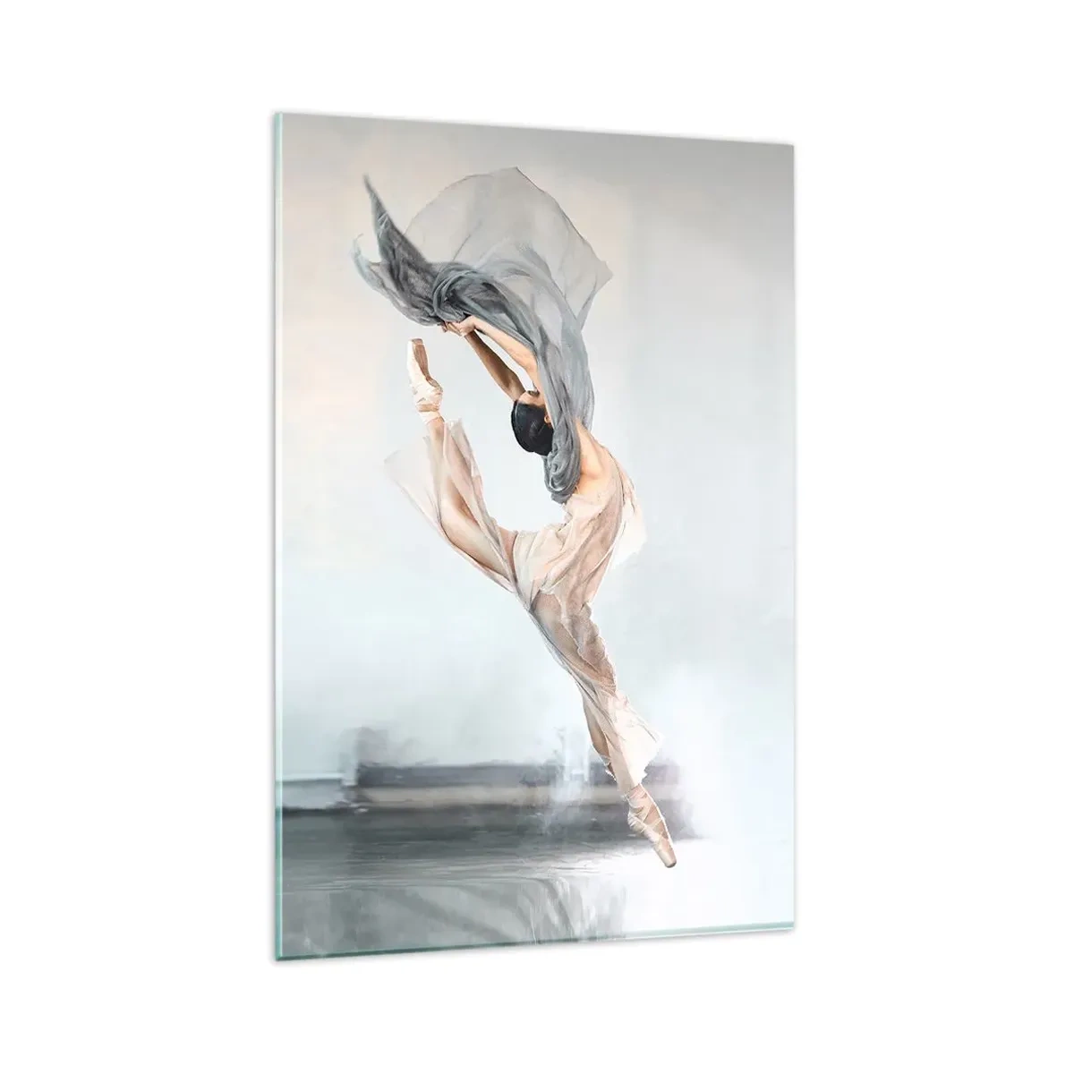 Cuadro sobre vidrio - Impresiones sobre Vidrio - Una bailarina en movimiento dinámico contra un fondo claro. - 80x120cm - En el arrebato de la danza - Decoración de pared moderna para salón y dormitorio ARTTOR