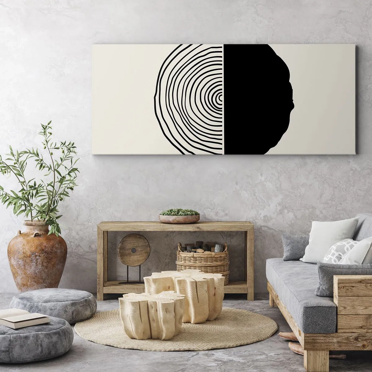 Cuadro sobre lienzo - Impresión de Imagen - Un motivo abstracto en blanco y negro inspirado en una sección transversal de madera con una división geométrica. - 160x50cm - Mitad y mitad - Decoración de pared moderna para salón y dormitorio ARTTOR