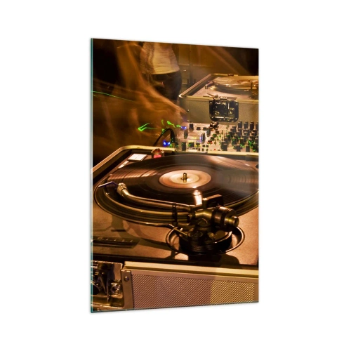 Cuadro sobre vidrio - Impresiones sobre Vidrio - Equipo de DJ con plato giratorio y mezclador durante una fiesta - 70x100cm - ¿Puedes sentir el poder? - Decoración de pared moderna para salón y dormitorio ARTTOR