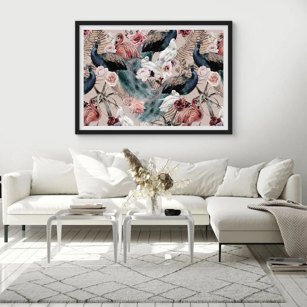 Póster en marco negro - Un paisaje con plumas de pavo real, rosas y pájaros en estilo romántico. - 70x50cm - En un jardín de palacio - Decoración de pared moderna para salón y dormitorio ARTTOR