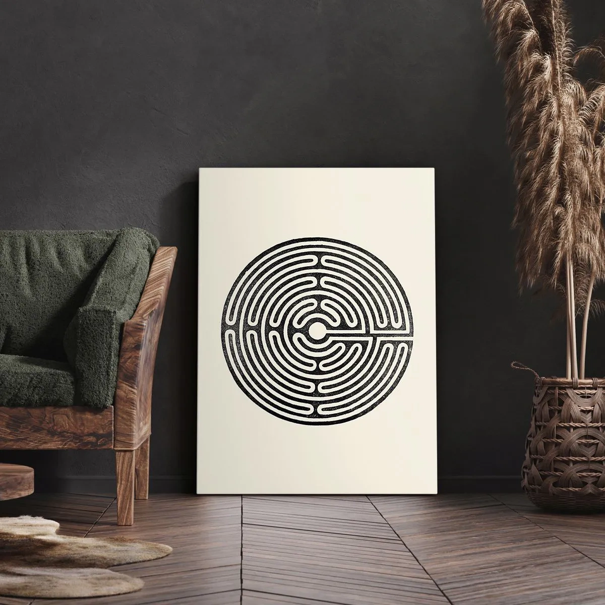 Cuadro sobre lienzo - Impresión de Imagen - Laberinto circular en blanco y negro sobre un fondo claro - 50x70cm - Orden misterioso - Decoración de pared moderna para salón y dormitorio ARTTOR