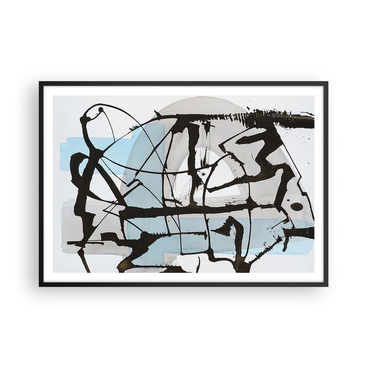Póster en marco negro - Líneas y formas abstractas en azul y negro. - 100x70cm - Azul a pesar de todo - Decoración de pared moderna para salón y dormitorio ARTTOR