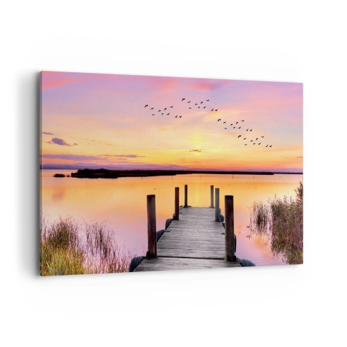 Cuadro sobre lienzo - Impresión de Imagen - Un muelle en un lago al atardecer con pájaros en el cielo. - 100x70cm - Violeta amanecer silencioso - Decoración de pared moderna para salón y dormitorio ARTTOR