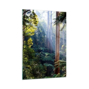 Cuadro sobre vidrio - Impresiones sobre Vidrio - Bosque tropical verde con rayos de sol - 50x70cm - Un cuento de hadas del bosque - Decoración de pared moderna para salón y dormitorio ARTTOR