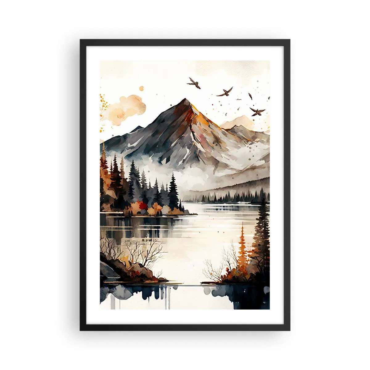 Póster en marco negro - Paisaje otoñal de montaña sobre un lago tranquilo - 50x70cm - Otoño dorado en las montañas - Decoración de pared moderna para salón y dormitorio ARTTOR