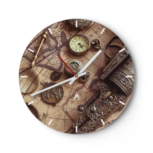 Reloj de pared - Reloj de vidrio - Un mapa estilizado con una brújula, monedas y armas ornamentadas. - 30x30cm - La aventura llama - Decoración de pared moderna para salón, cocina y dormitorio ARTTOR