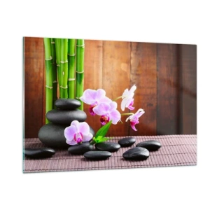 Cuadro sobre vidrio - Impresiones sobre Vidrio - Orquídeas rosas, bambú y piedras negras contra una pared de madera. - 120x80cm - Experimente los placeres de Oriente - Decoración de pared moderna para salón y dormitorio ARTTOR