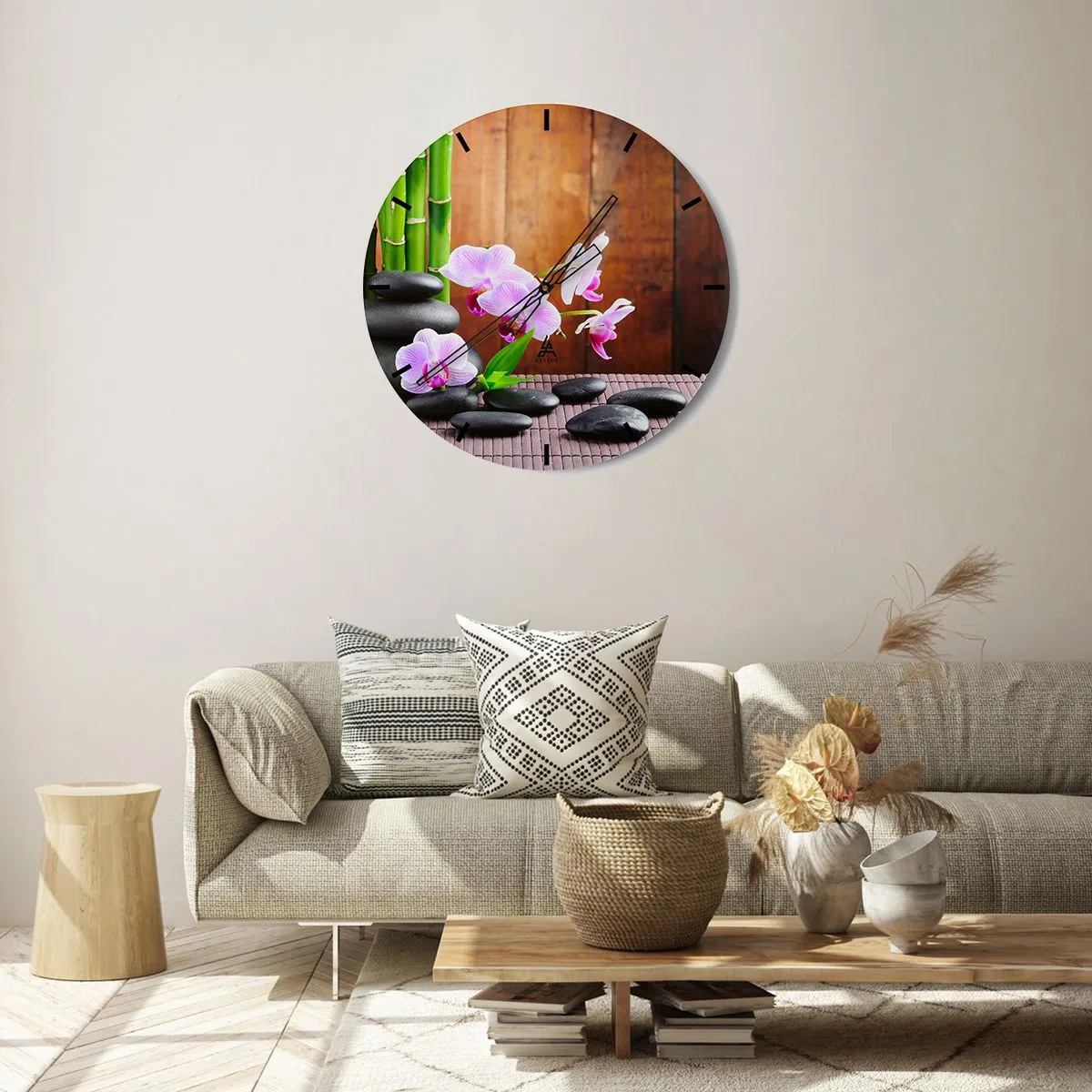 Reloj de pared - Reloj de vidrio - Orquídeas moradas con bambú y piedras. - 30x30cm - Experimente los placeres de Oriente - Decoración de pared moderna para salón, cocina y dormitorio ARTTOR
