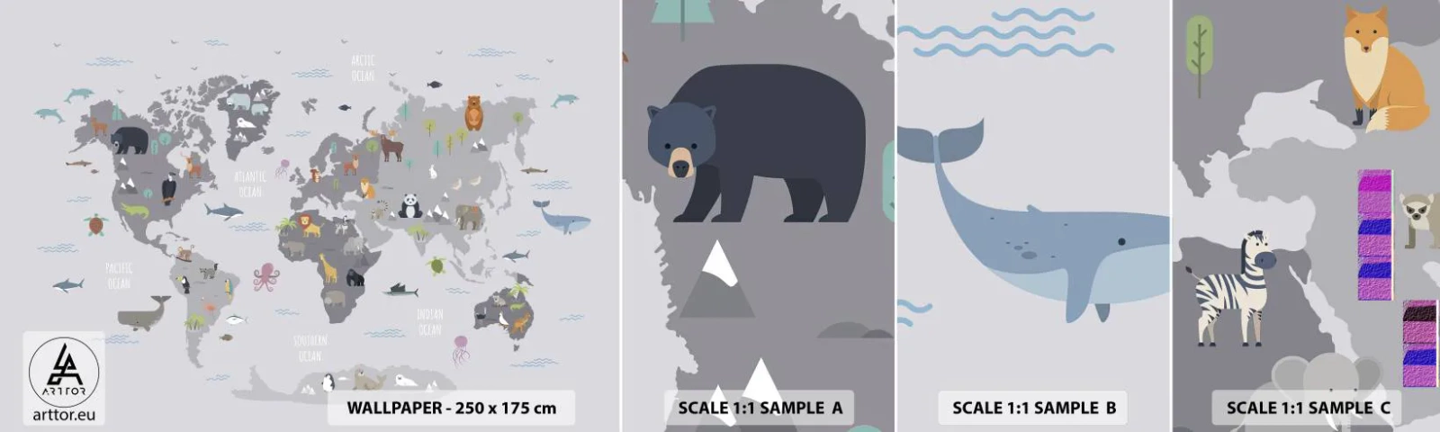 Muestra de fotomural autoadhesivo Deluxe Sticker - Dime de dónde eres... - Mapa del mundo, animales, Continentes - 100x30 cm
