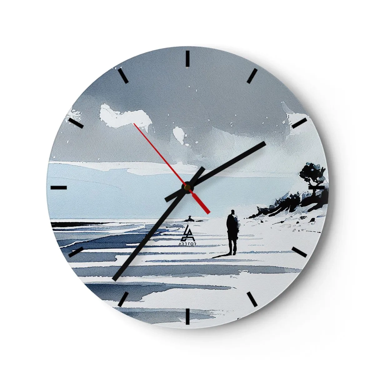 Reloj de pared - Reloj de vidrio - Silueta de una persona caminando sola por la playa en tonos grises y azules - 30x30cm - Solo conmigo mismo - Decoración de pared moderna para salón, cocina y dormitorio ARTTOR
