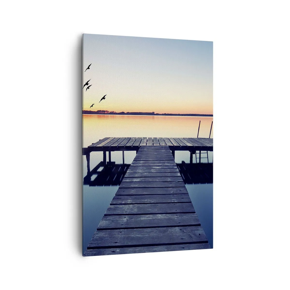 Cuadro sobre lienzo - Impresión de Imagen - Muelle de madera en un lago al amanecer con pájaros - 80x120cm - Fue un buen día - Decoración de pared moderna para salón y dormitorio ARTTOR