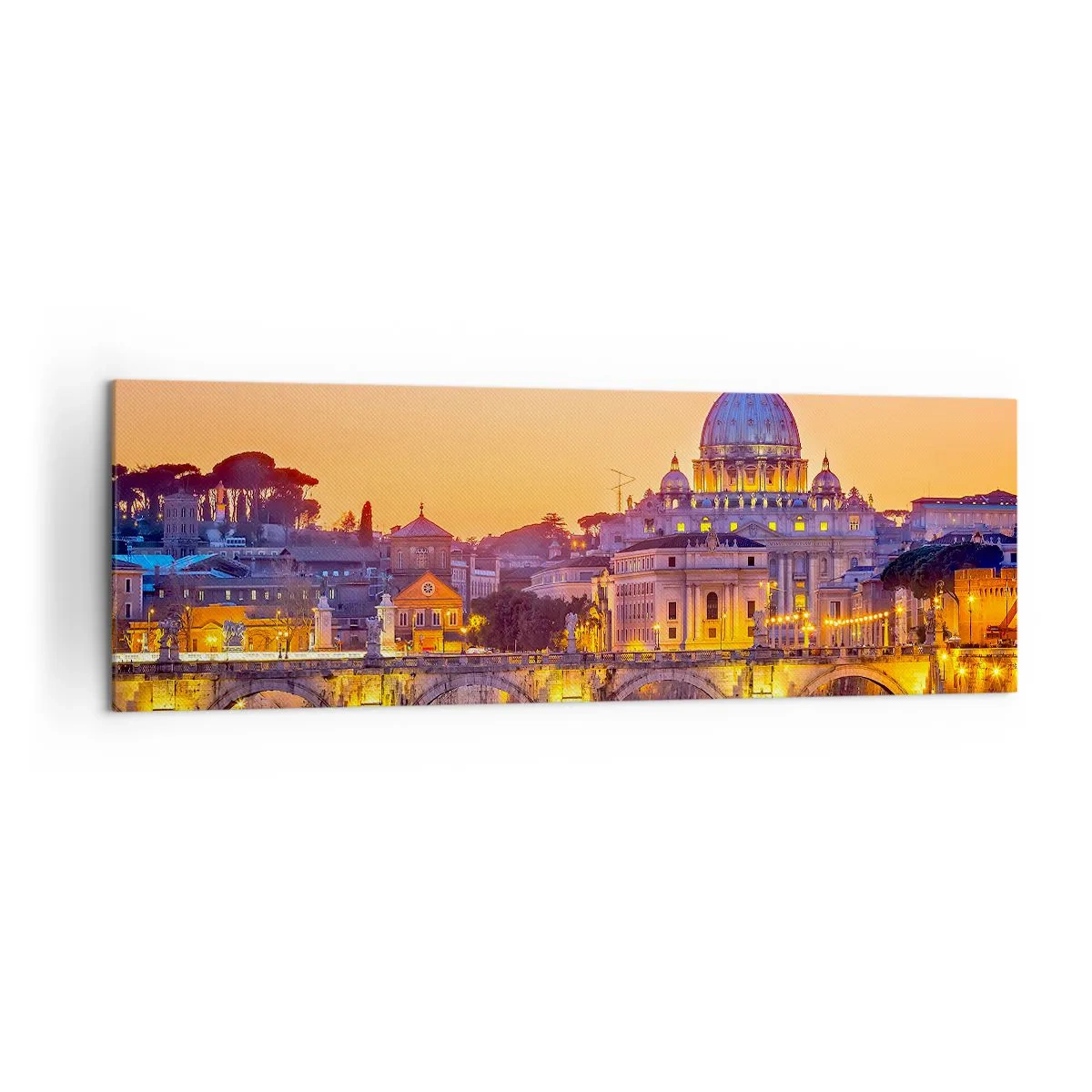 Cuadro sobre lienzo - Impresión de Imagen - Panorama del Vaticano al atardecer con un puente sobre el río - 160x50cm - Crepúsculo sobre la Ciudad Eterna - Decoración de pared moderna para salón y dormitorio ARTTOR