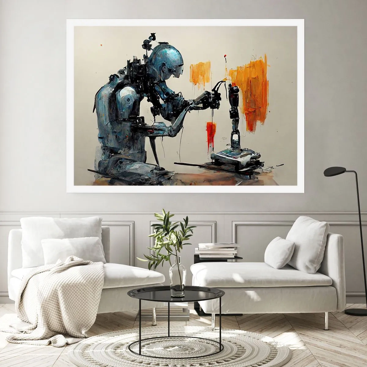 Póster - Robot trabajando con fondo abstracto - 100x70cm - Próximamente... - Decoración de pared moderna para salón y dormitorio ARTTOR