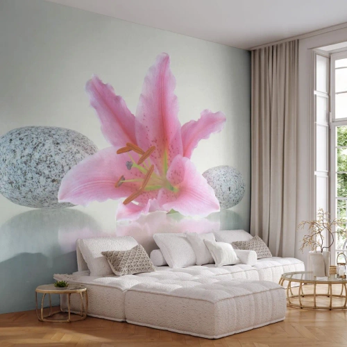 Fotomural Standard Eco - Estudio en rosa, gris y blanco - flores, Lirio, piedras - 500x350 cm