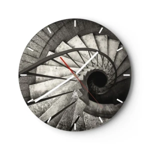 Reloj de pared - Reloj de vidrio - Escalera de caracol en blanco y negro con vista hacia abajo y disposición geométrica de escalones. - 30x30cm - Escaleras arriba, escaleras abajo - Decoración de pared moderna para salón, cocina y dormitorio ARTTOR