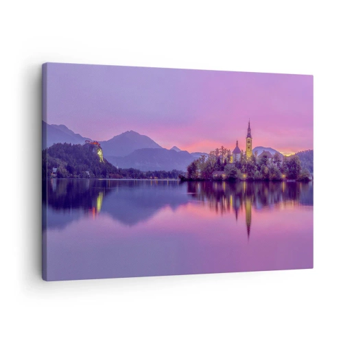 Cuadro sobre lienzo - Impresión de Imagen - Lago con una isla y una iglesia al atardecer - 70x50cm - Isla de cuento de hadas al atardecer  - Decoración de pared moderna para salón y dormitorio ARTTOR