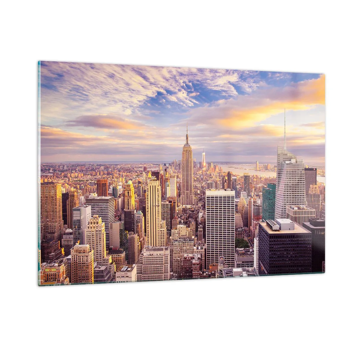Cuadro sobre vidrio - Impresiones sobre Vidrio - Panorama de la ciudad con rascacielos al atardecer - 120x80cm - Alcanzar las nubes - Decoración de pared moderna para salón y dormitorio ARTTOR