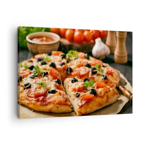 Cuadro sobre lienzo - Impresión de Imagen - Pizza con tomates, aceitunas y hierbas frescas en la mesa. - 70x50cm - Delicioso aroma - Decoración de pared moderna para salón y dormitorio ARTTOR