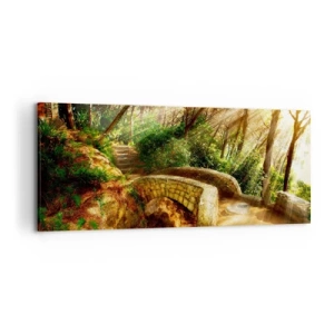 Cuadro sobre lienzo - Impresión de Imagen - Paisaje forestal con rayos de sol y un puente de piedra. - 120x50cm - Directamente desde el puente hacia el bosque de las hadas - Decoración de pared moderna para salón y dormitorio ARTTOR
