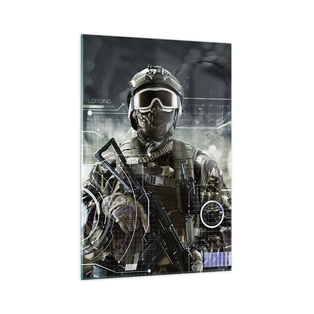 Cuadro sobre vidrio - Impresiones sobre Vidrio - Un soldado con un casco futurista y una pistola en un fondo de tecnología. - 70x100cm - De poder a poder - Decoración de pared moderna para salón y dormitorio ARTTOR