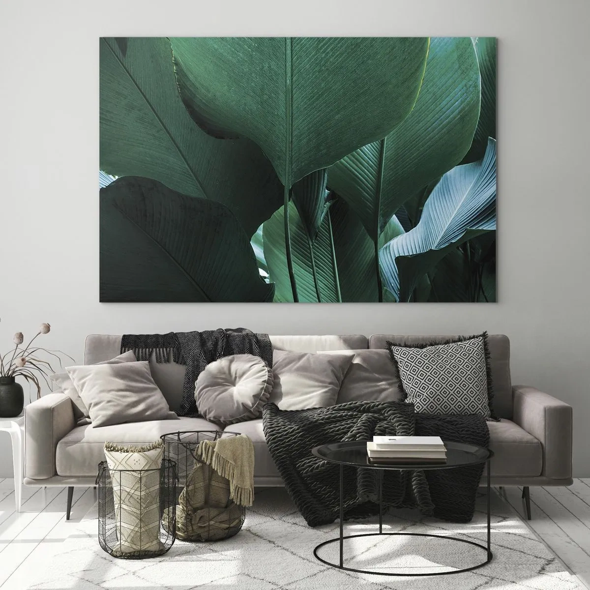 Cuadro sobre vidrio - Impresiones sobre Vidrio - Hojas tropicales en intensos tonos verdes. - 70x50cm - De cara a la luz - Decoración de pared moderna para salón y dormitorio ARTTOR