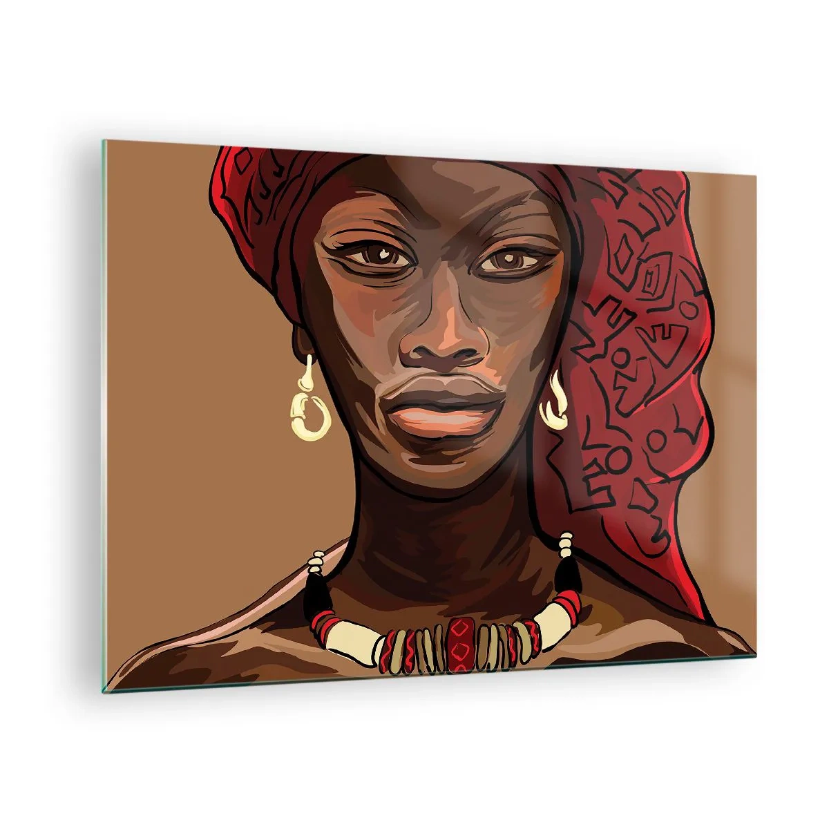 Cuadro sobre vidrio - Impresiones sobre Vidrio - Retrato estilizado de una mujer con turbante rojo y joyas. - 70x50cm - Venus de ébano - Decoración de pared moderna para salón y dormitorio ARTTOR