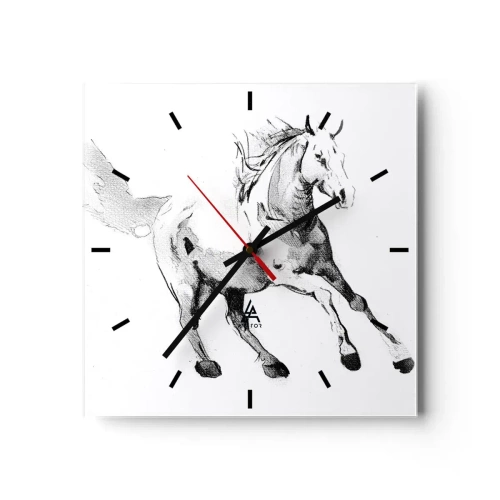 Reloj de pared - Reloj de vidrio - Boceto de un caballo al galope en tonos de blanco y negro. - 30x30cm - Alma indómita - Decoración de pared moderna para salón y dormitorio ARTTOR
