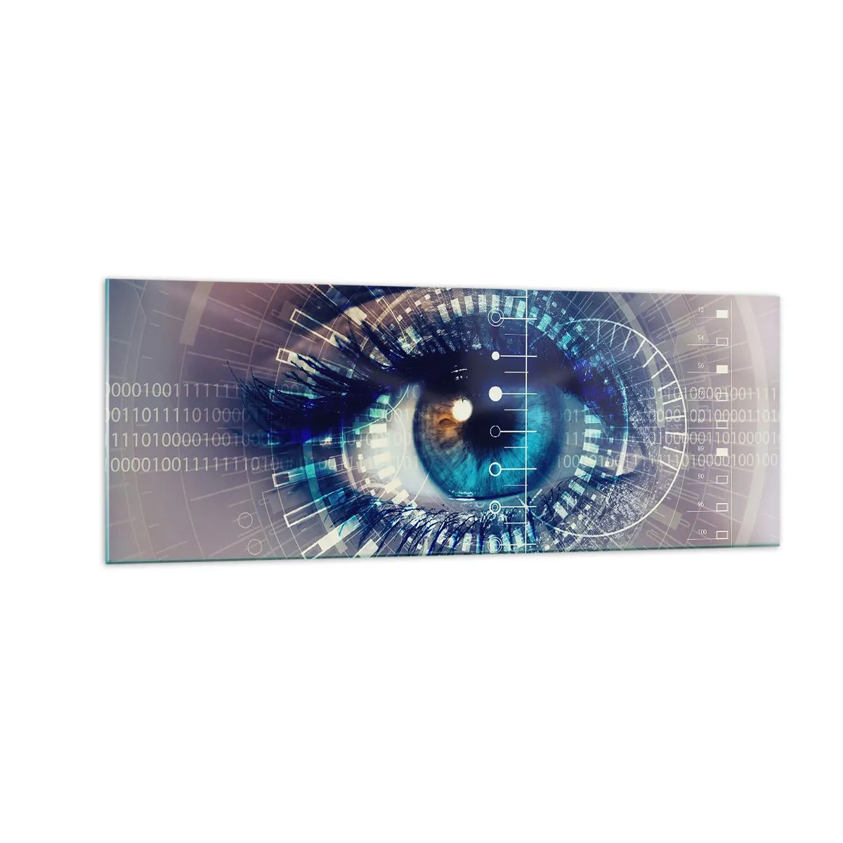 Cuadro sobre vidrio - Impresiones sobre Vidrio - Un ojo tecnológico con una interfaz futurista - 140x50cm - Crees que me conoces - Decoración de pared moderna para salón y dormitorio ARTTOR