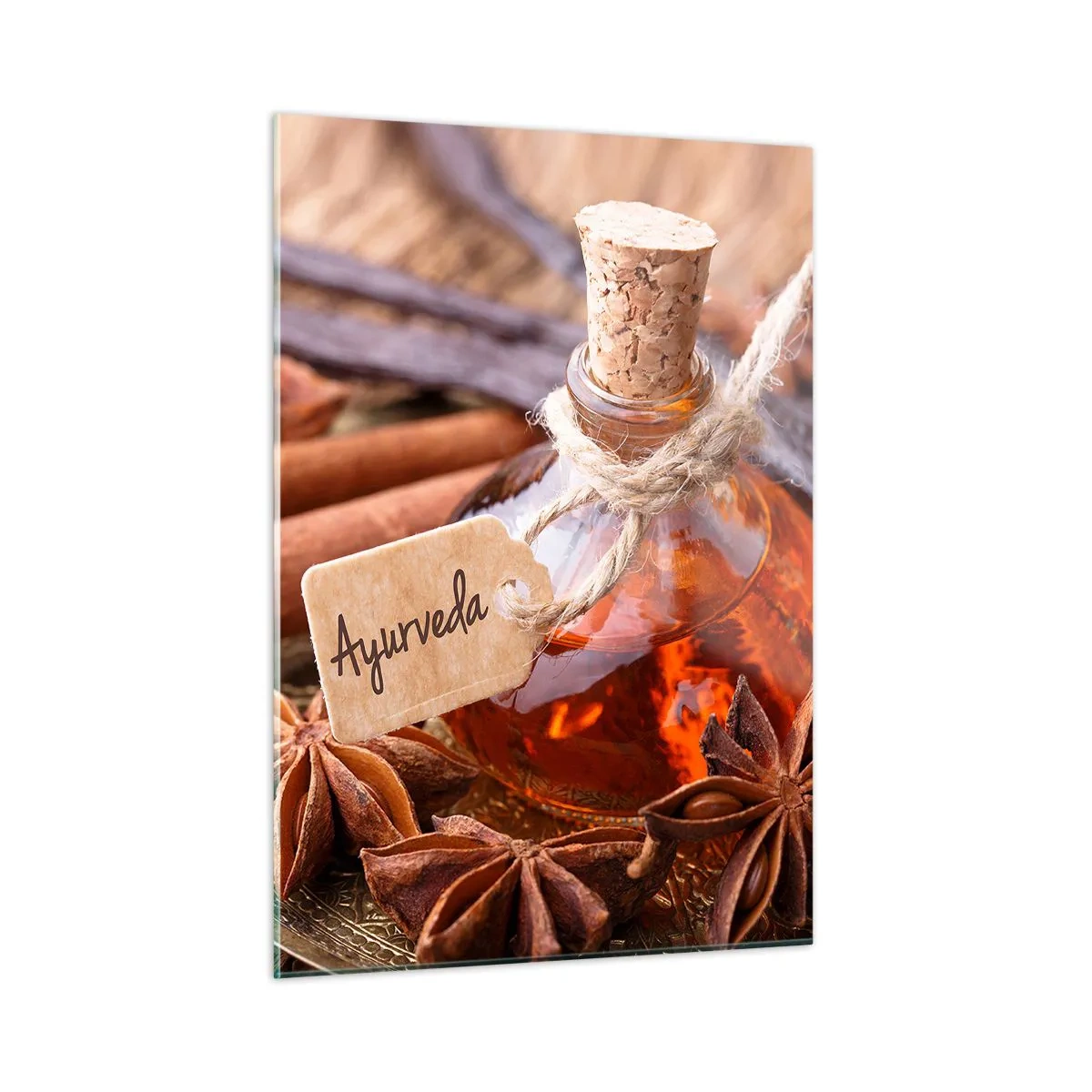 Cuadro sobre vidrio - Impresiones sobre Vidrio - Botella de aceite y especias de estilo ayurvédico - 50x70cm - Hacia la unidad del cuerpo y el espíritu - Decoración de pared moderna para salón y dormitorio ARTTOR