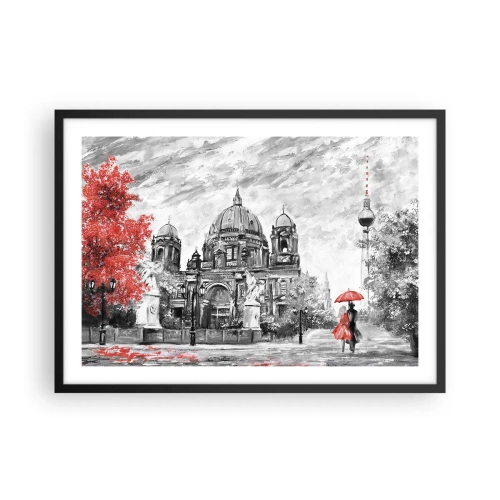 Póster en marco negro - Escena en blanco y negro con Berlín, un paraguas rojo y un árbol. - 70x50cm - Reunión en Berlín - Decoración de pared moderna para salón y dormitorio ARTTOR