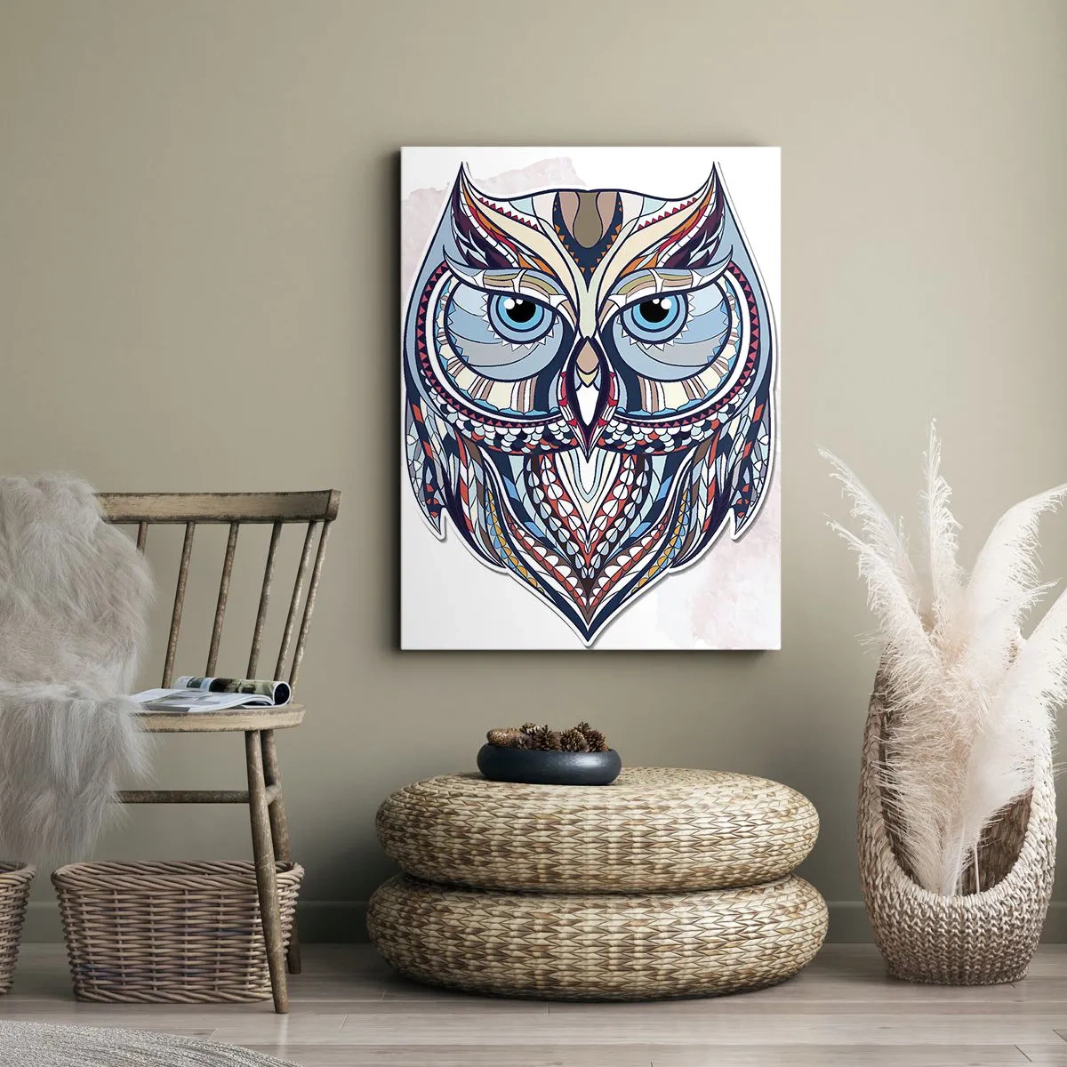 Cuadro sobre lienzo - Impresión de Imagen - Búho geométrico en tonos azules y beige. - 50x70cm - Búho adornado con arte - Decoración de pared moderna para salón y dormitorio ARTTOR