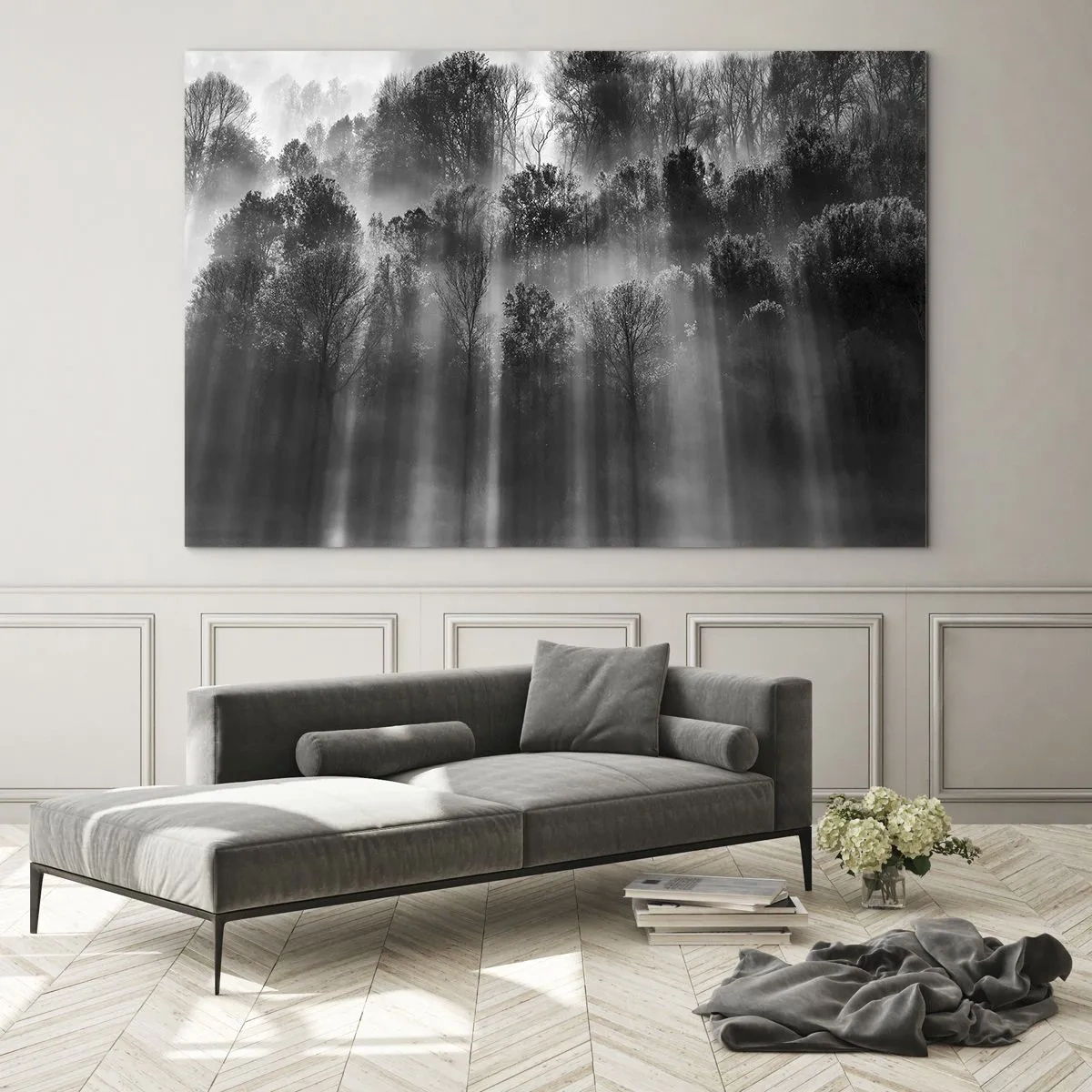 Cuadro sobre vidrio - Impresiones sobre Vidrio - Rayos de luz blancos y negros penetrando el bosque. - 120x80cm - En los flujos de luz - Decoración de pared moderna para salón y dormitorio ARTTOR