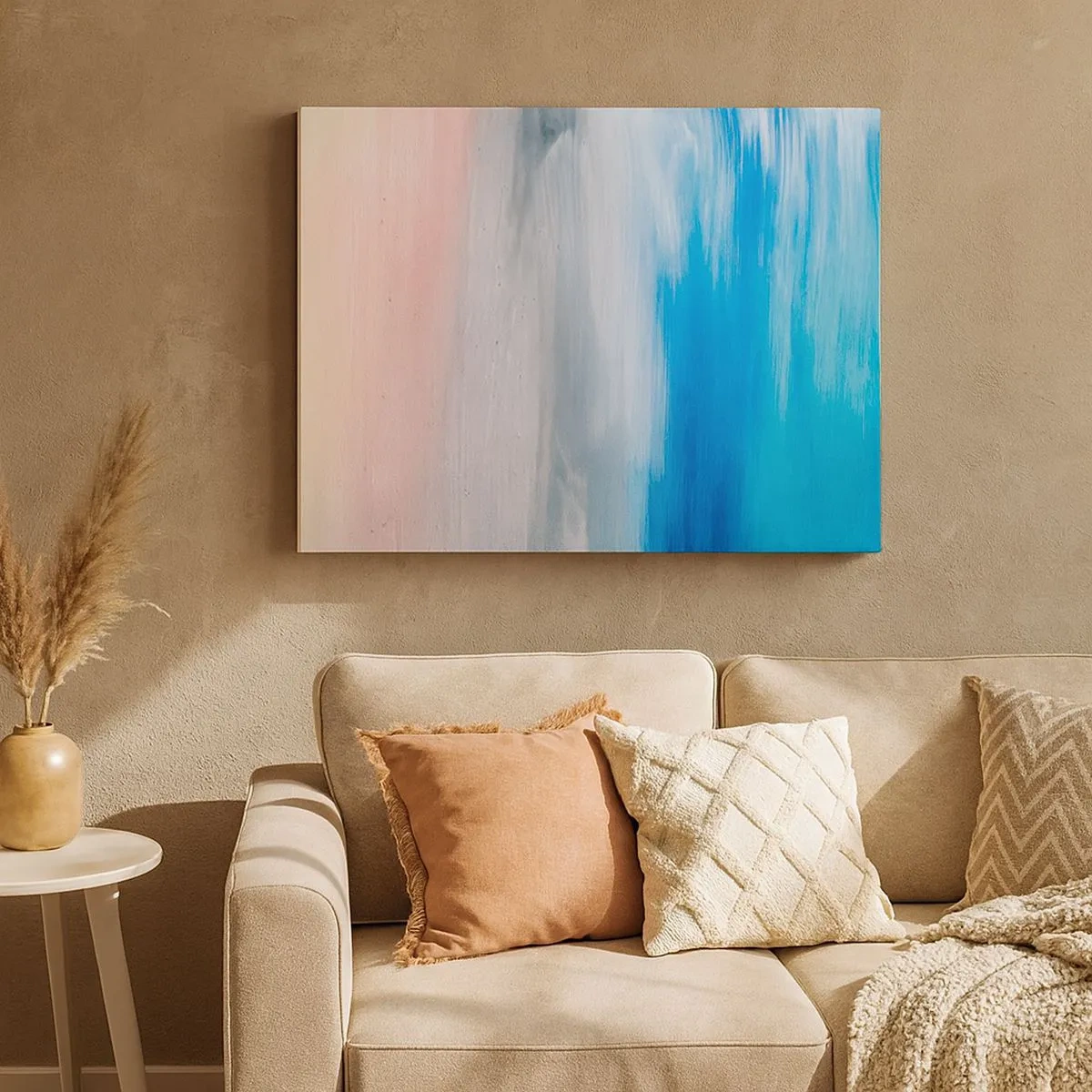 Cuadro sobre lienzo - Impresión de Imagen - Pinceladas abstractas en tonos azules y rosas - 70x50cm - Elementos: aire - Decoración de pared moderna para salón y dormitorio ARTTOR