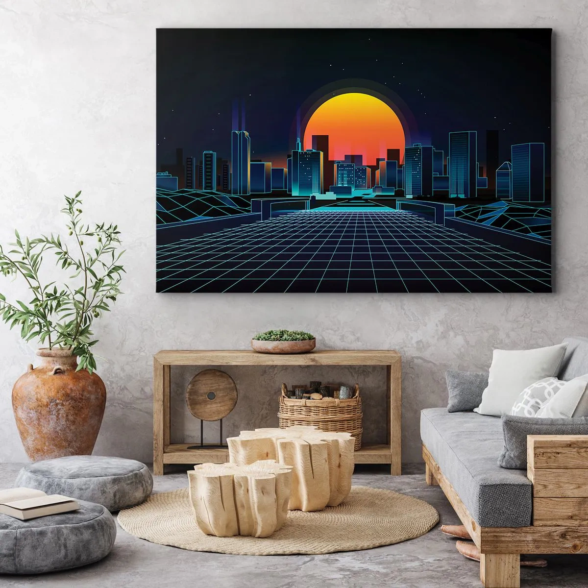 Cuadro sobre lienzo - Impresión de Imagen - Horizonte urbano futurista de estilo neón - 70x50cm - ¿Todavía deseas volver a la realidad? - Decoración de pared moderna para salón y dormitorio ARTTOR