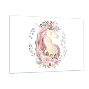 Cuadro sobre vidrio - Impresiones sobre Vidrio - Un unicornio de dibujos animados con una melena de flores pastel. - 120x80cm - Una invitación al mundo de los cuentos de hadas - Decoración de pared moderna para salón y dormitorio ARTTOR