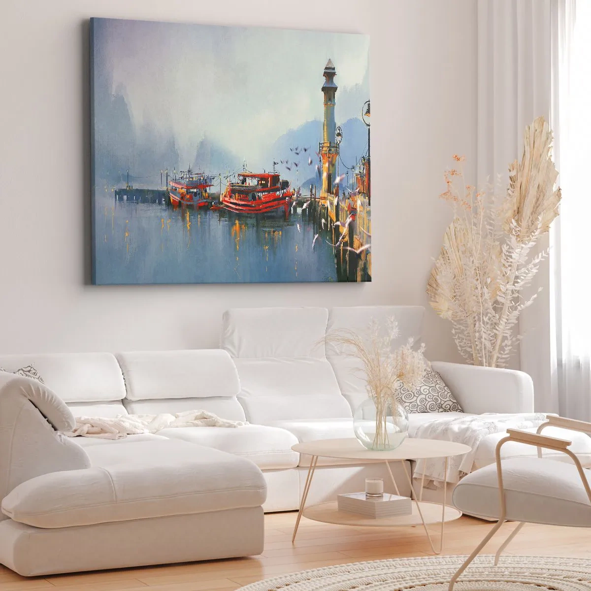 Cuadro sobre lienzo - Impresión de Imagen - Un puerto con barcos rojos rodeado de un paisaje brumoso. - 120x80cm - En el fin del mundo - Decoración de pared moderna para salón y dormitorio ARTTOR