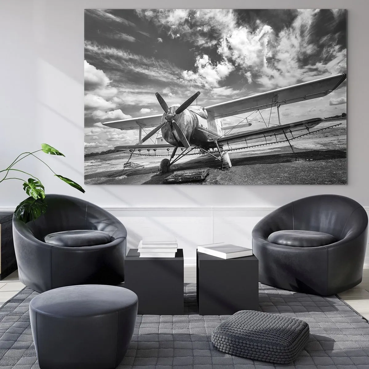 Cuadro sobre vidrio - Impresiones sobre Vidrio - Fotografía en blanco y negro de un biplano clásico. - 100x70cm - No puedo esperar - Decoración de pared moderna para salón y dormitorio ARTTOR