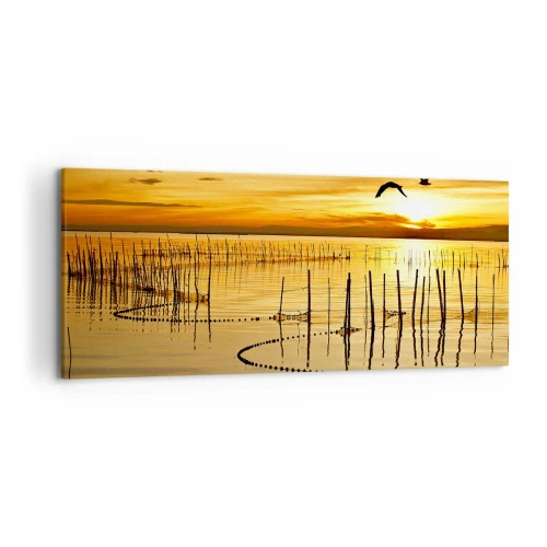 Cuadro sobre lienzo - Impresión de Imagen - Puesta de sol sobre el agua con pájaros en vuelo - 120x50cm - Horizonte naranja - Decoración de pared moderna para salón y dormitorio ARTTOR