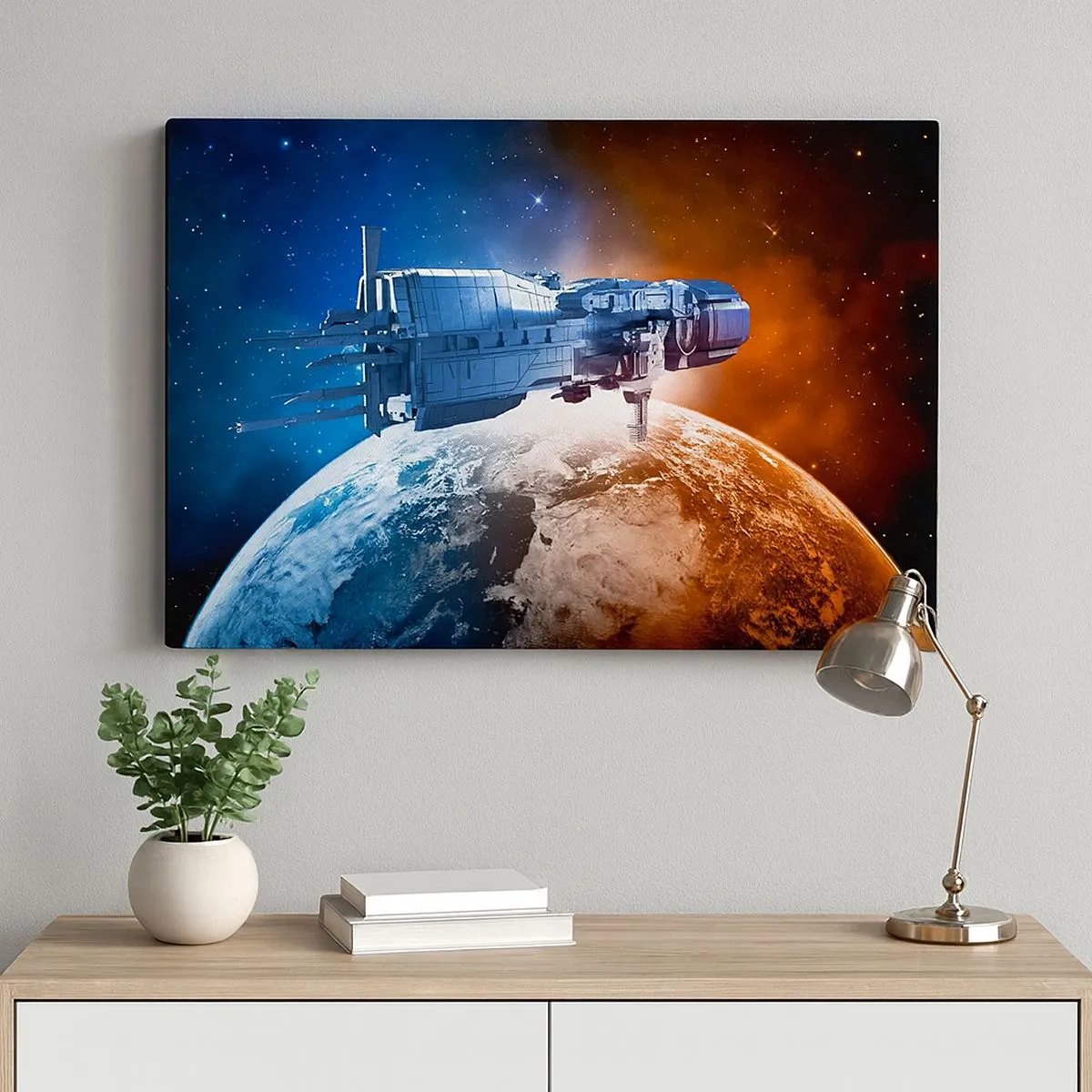 Cuadro sobre lienzo - Impresión de Imagen - Una nave espacial con un planeta en el espacio como telón de fondo. - 70x50cm - Un observador atento - Decoración de pared moderna para salón y dormitorio ARTTOR