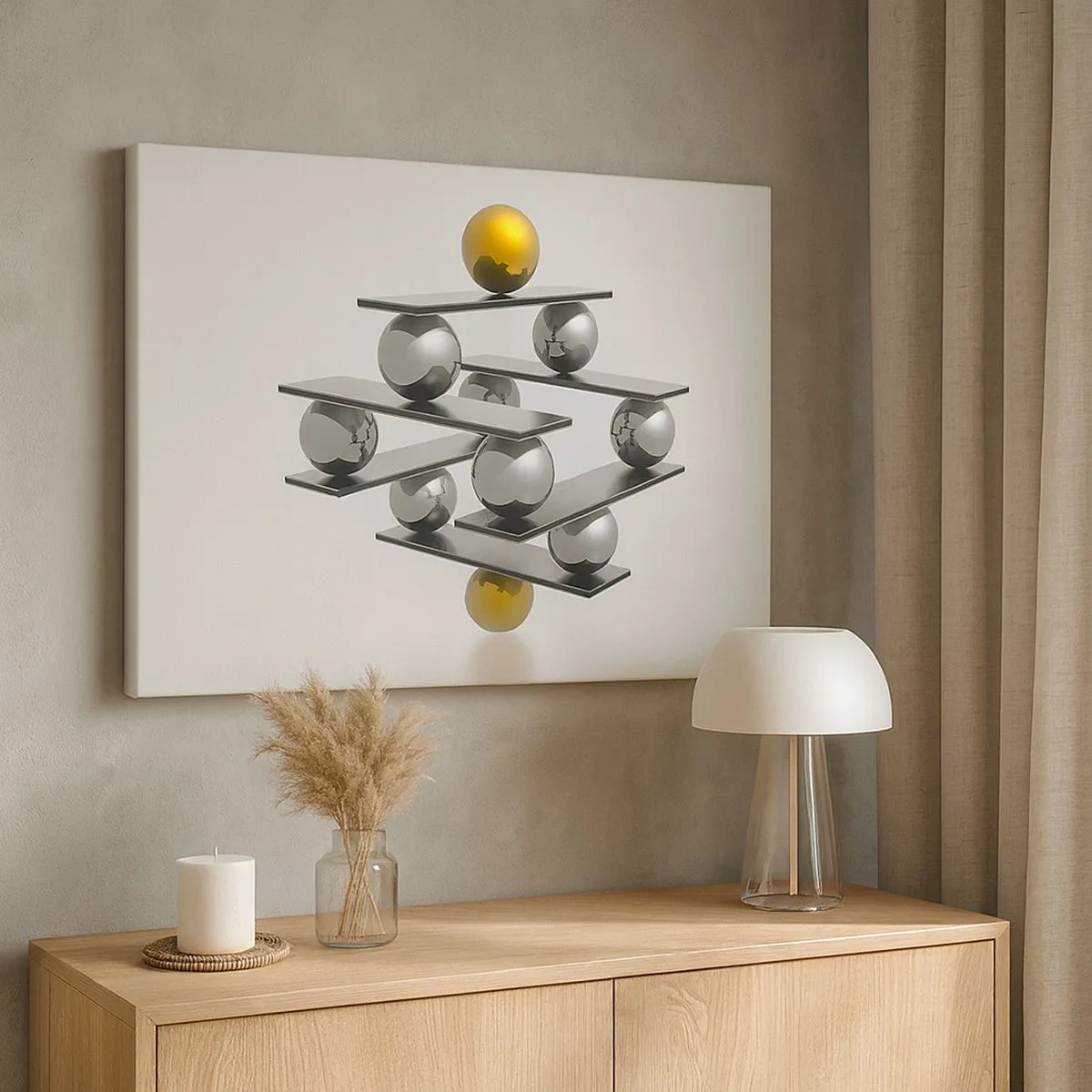 Cuadro sobre lienzo - Impresión de Imagen - Composición geométrica con bolas de metal y acento dorado. - 70x50cm - Balance de oro y plata - Decoración de pared moderna para salón y dormitorio ARTTOR
