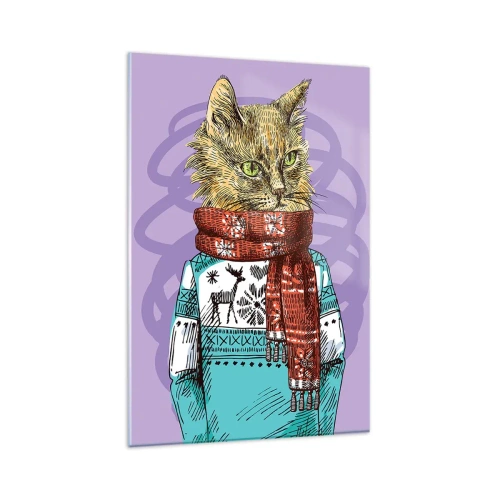 Cuadro sobre vidrio - Impresiones sobre Vidrio - Un gato con un suéter y una bufanda sobre un fondo morado. - 80x120cm - El gato no solo tenía botas - Decoración de pared moderna para salón y dormitorio ARTTOR