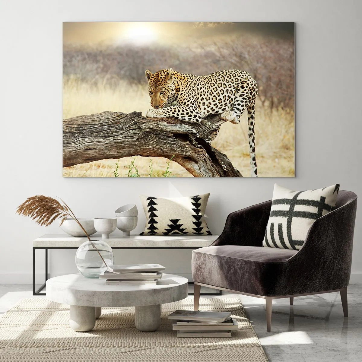 Cuadro sobre vidrio - Impresiones sobre Vidrio - Un leopardo descansando sobre una rama de madera. - 120x80cm - Voy por mi cuenta - Decoración de pared moderna para salón y dormitorio ARTTOR