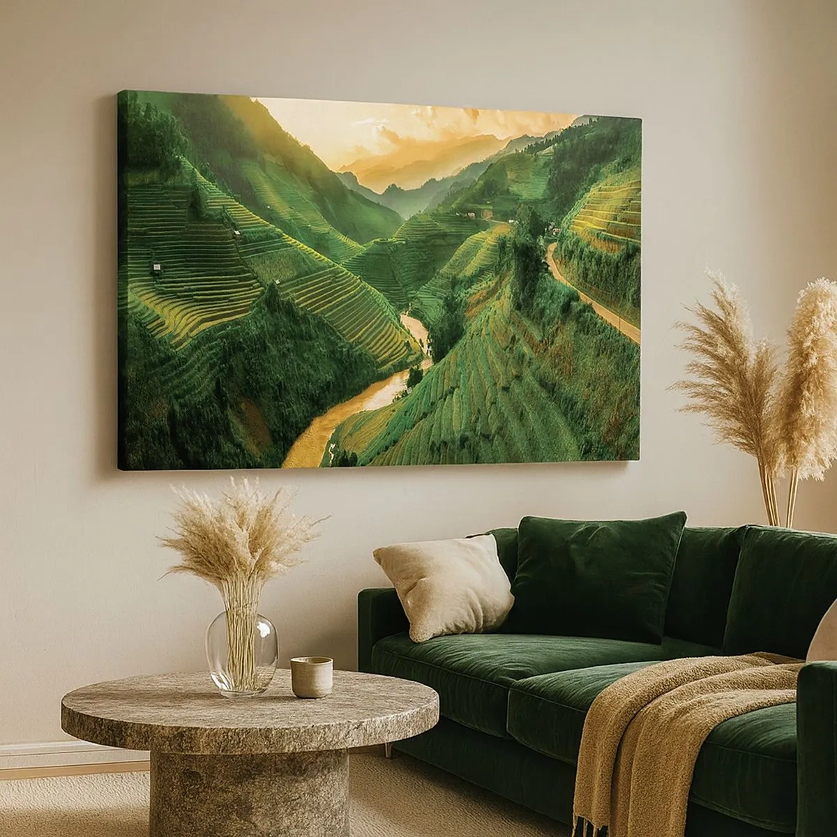 Cuadro sobre lienzo - Impresión de Imagen - Pintorescas terrazas de arroz en un valle verde iluminado por el sol poniente - 70x50cm - Valle vietnamita - Decoración de pared moderna para salón y dormitorio ARTTOR
